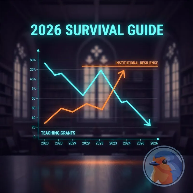 University boardroom with glowing holographic financial data and 2026 Survival Guide text