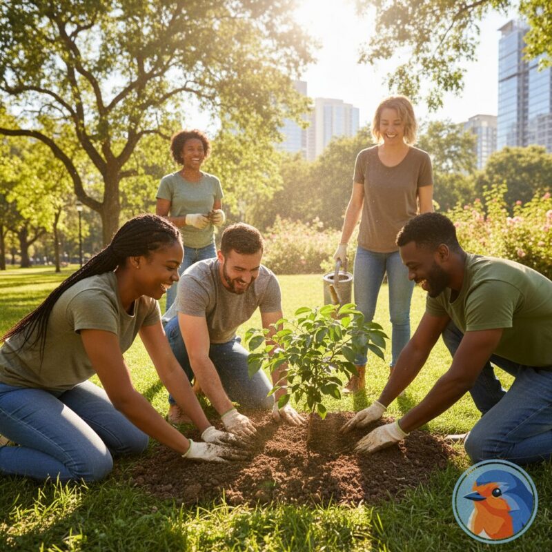 Volunteers planting a young tree in an urban park setting
