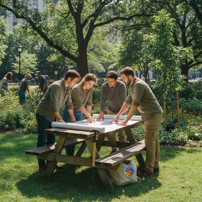 Volunteers reviewing environmental plans in a sunny urban park