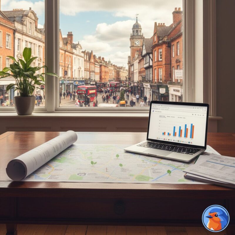 Wealth advisor desk with Surrey sustainability map