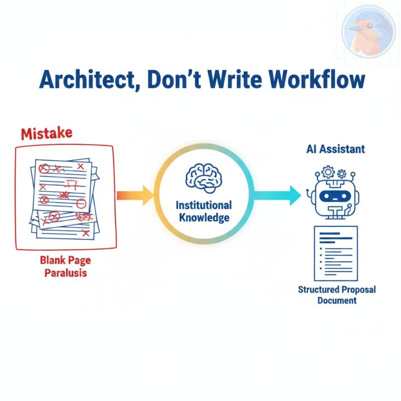 Workflow diagram showing the transition from manual grant writing to AI-assisted institutional knowledge architecture