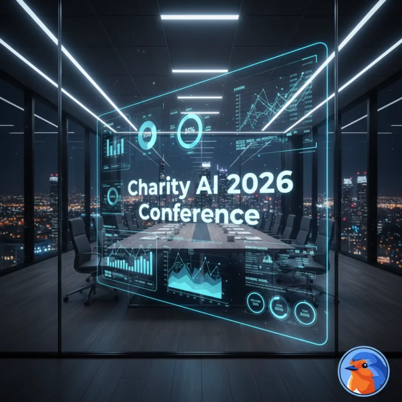 Charity AI Conference title integrated into a glowing holographic data display in a modern boardroom