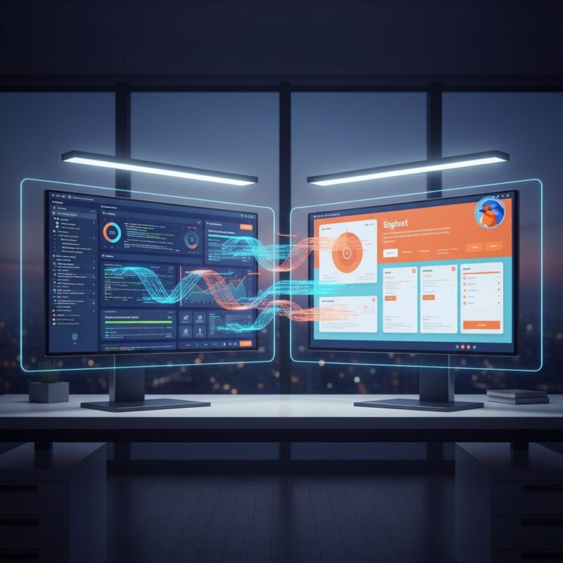 Dual monitors displaying a side-by-side comparison of complex grantmaker software and agile grantseeker software