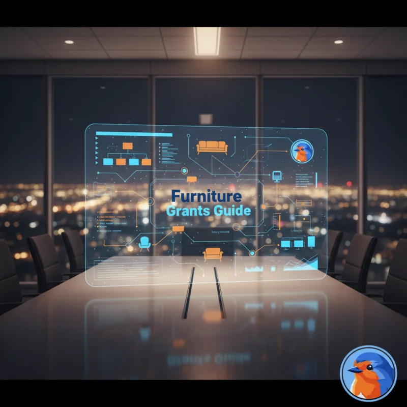 Furniture Grants Guide featured image with glowing digital network charts in a modern boardroom
