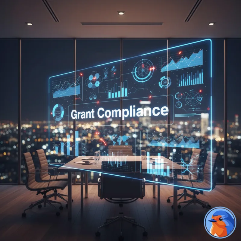 Grant Compliance featured image showing holographic financial charts in a modern boardroom