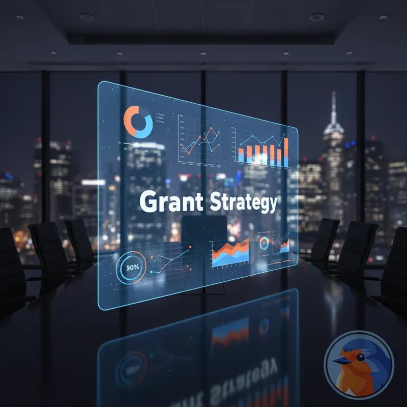 Grant Strategy featured image with holographic data overlays in a modern boardroom