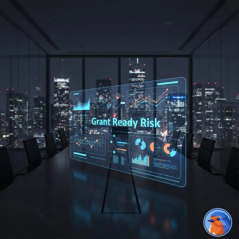Holographic risk management matrix floating in a modern executive boardroom at night