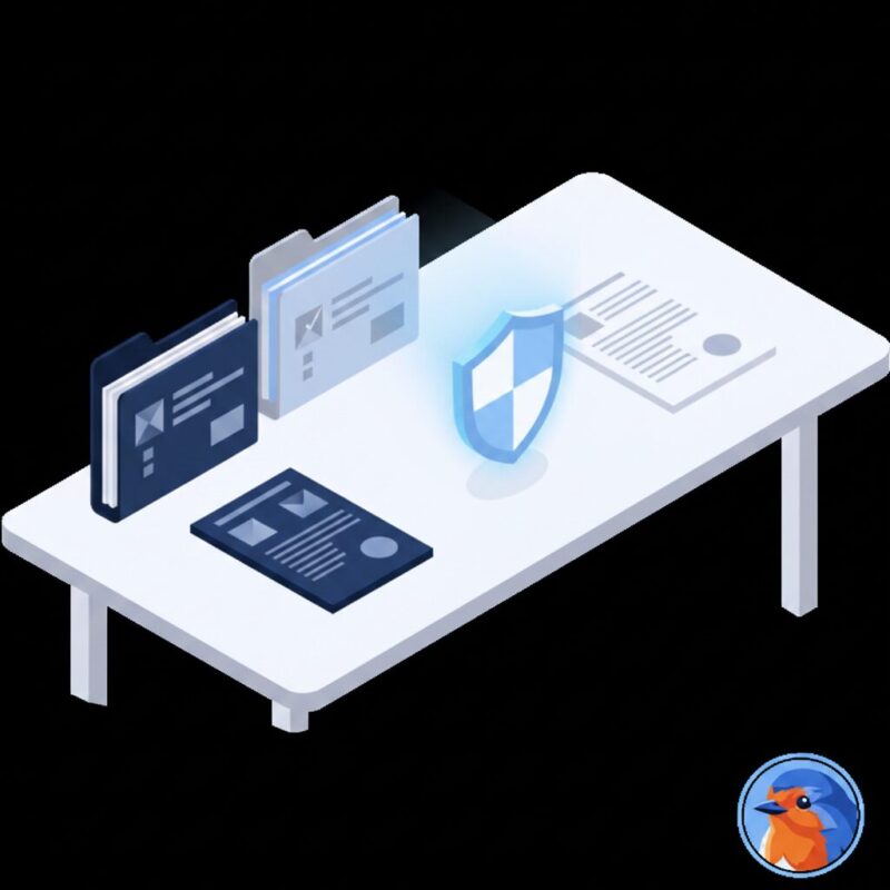 Isometric illustration of organized compliance documents and a glowing shield representing global grant standards