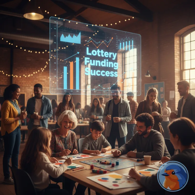 Lottery Funding Success text overlaid on community center with holographic data charts
