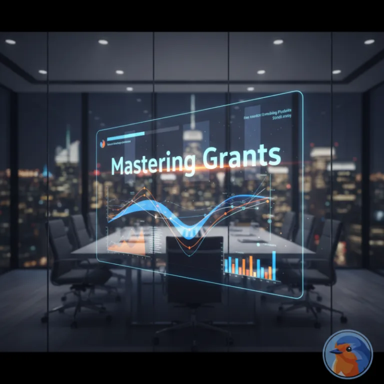 Mastering Grants featured image with holographic data interface in a modern boardroom