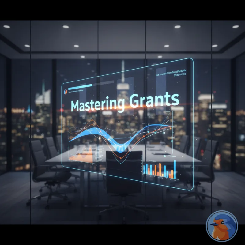 Mastering Grants featured image with holographic data interface in a modern boardroom