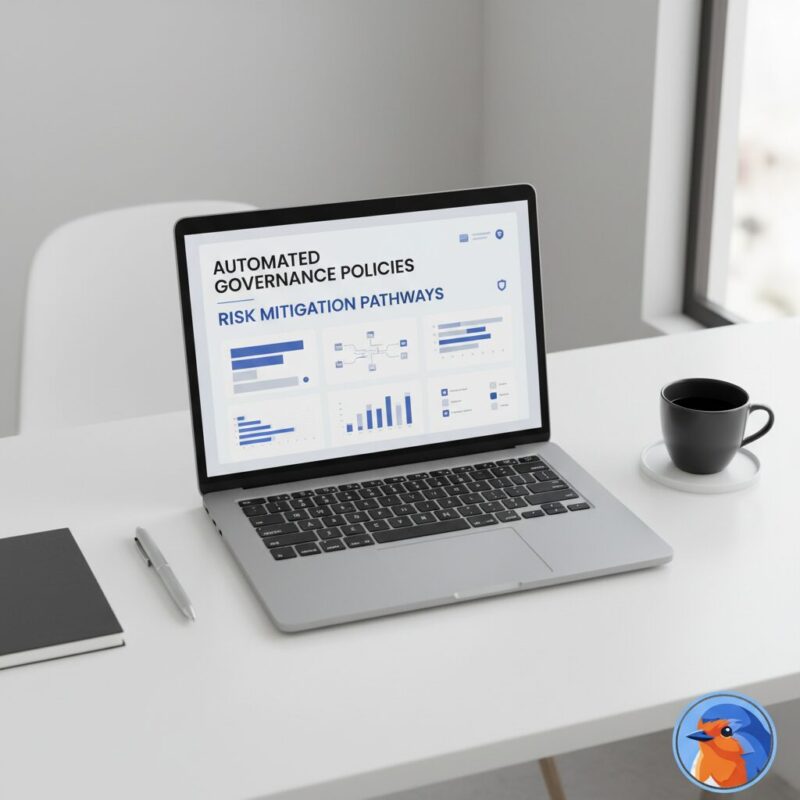 Overhead view of a sleek laptop displaying a clean automated governance dashboard on an organized desk