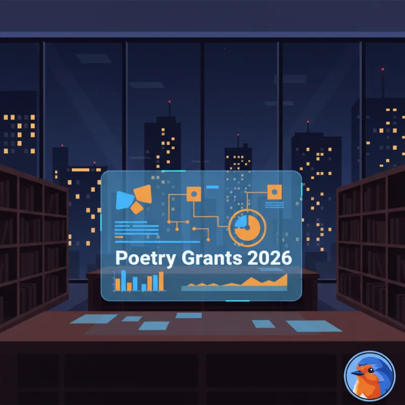 Poetry Grants 2026 text on a holographic data display inside a modern corporate library