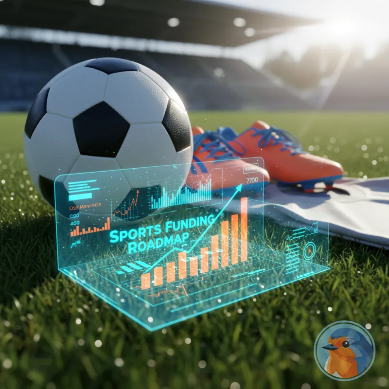 Sports Funding Roadmap text overlaid on a soccer ball and turf field with holographic financial data