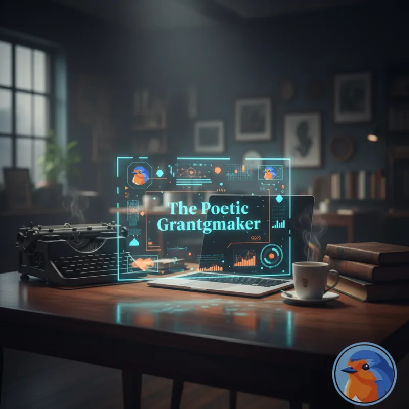 The Poetic Grantmaker featured image showing holographic data and text over a conference table