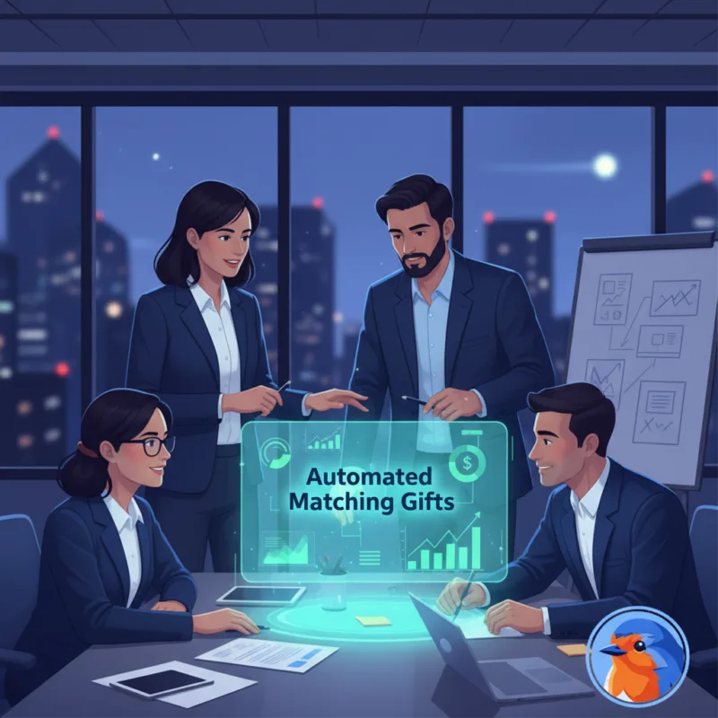 Automated Matching Gifts featured image with holographic data visualizations in a modern office