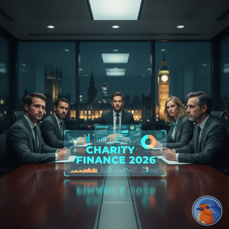 Charity Finance 2026 holographic data display in a modern boardroom
