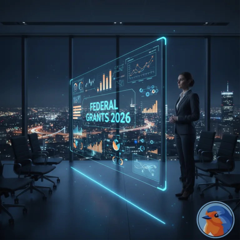 Federal Grants 2026 holographic interface in a modern corporate boardroom