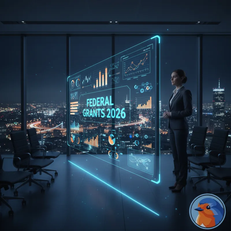 Federal Grants 2026 holographic interface in a modern corporate boardroom