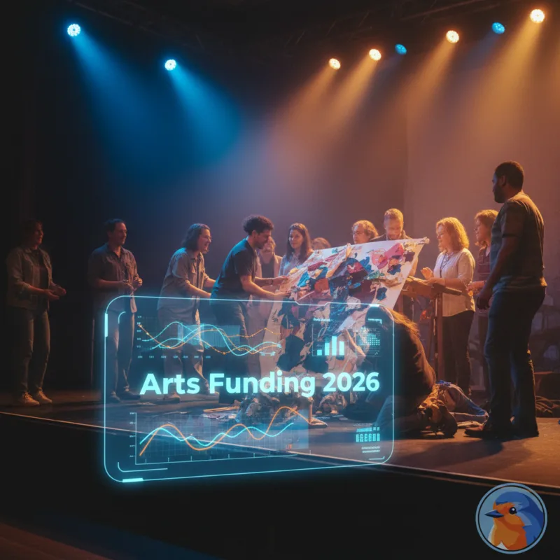 Holographic financial charts floating over a brightly lit stage rehearsal