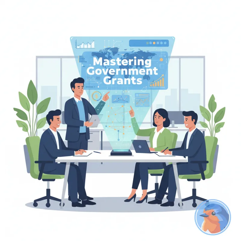 Mastering Government Grants featured image with holographic financial data