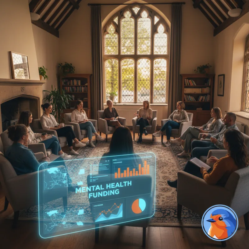 Mental Health Funding featured image with holographic financial charts in a modern boardroom
