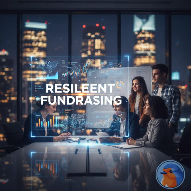 Resilient Fundraising featured image showing a corporate boardroom with holographic financial data
