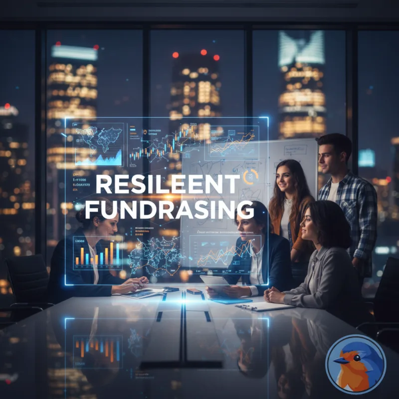 Resilient Fundraising featured image showing a corporate boardroom with holographic financial data