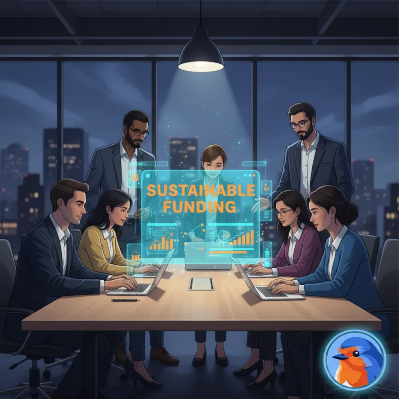 Sustainable Funding featured image with holographic data overlays and bold typography
