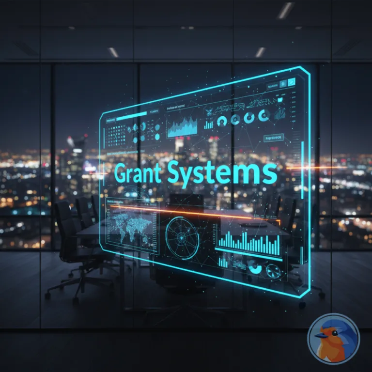 Holographic grant system pipeline floating in a corporate boardroom at night